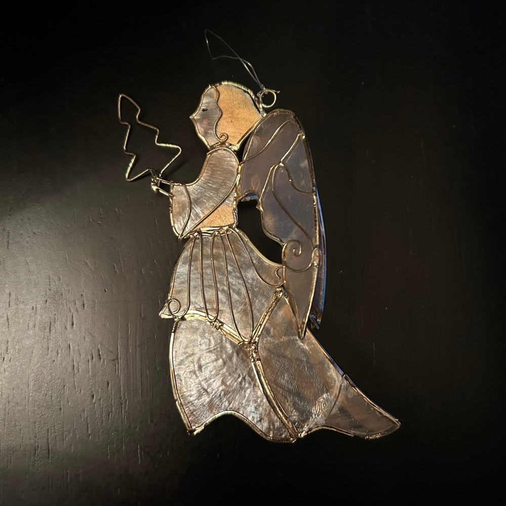 Vintage Brass Filigree & Shell Angel & Tree Ornament Handcrafted w Detailed Face